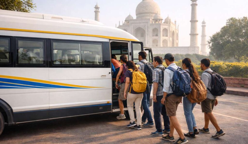 tourists boarding mini bus in Agra near Taj Mahal for group travel