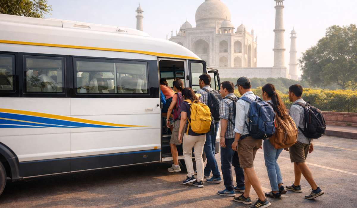 tourists boarding mini bus in Agra near Taj Mahal for group travel