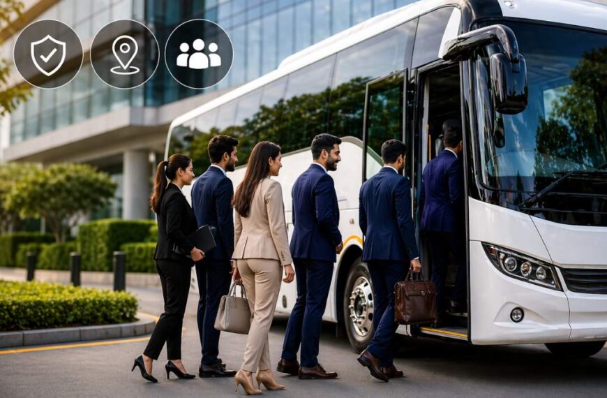 Corporate employees boarding a bus for corporate event transport in India