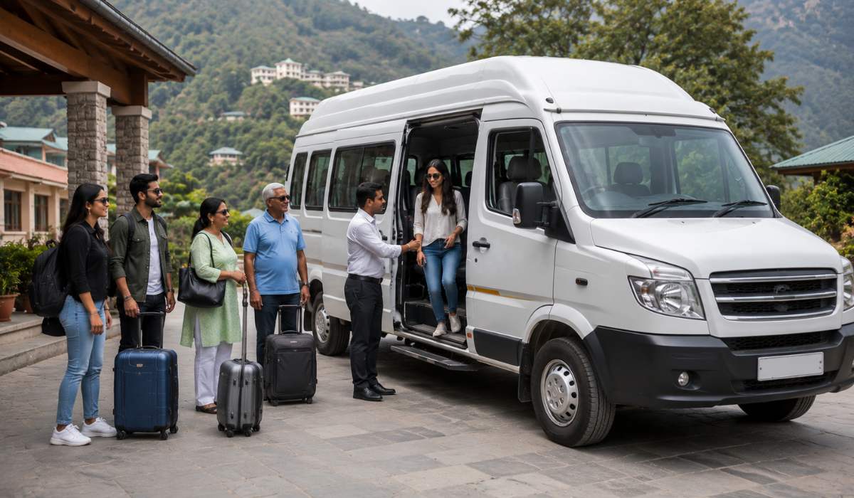 Travelers boarding a Force Traveller with driver assistance before a long-distance trip