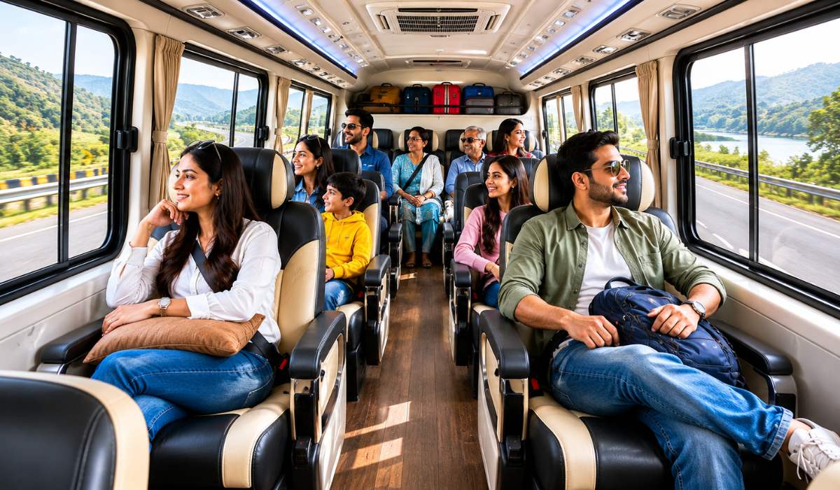 Comfortable seating and spacious legroom inside a Force Traveller for long-distance group travel