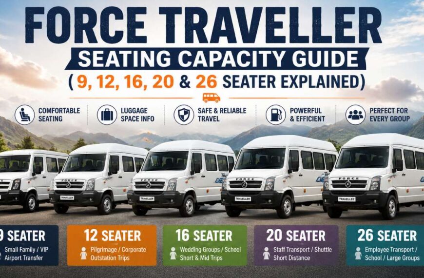 Force Traveller seating capacity guide showing 9 to 26 seater variants for group travel in India
