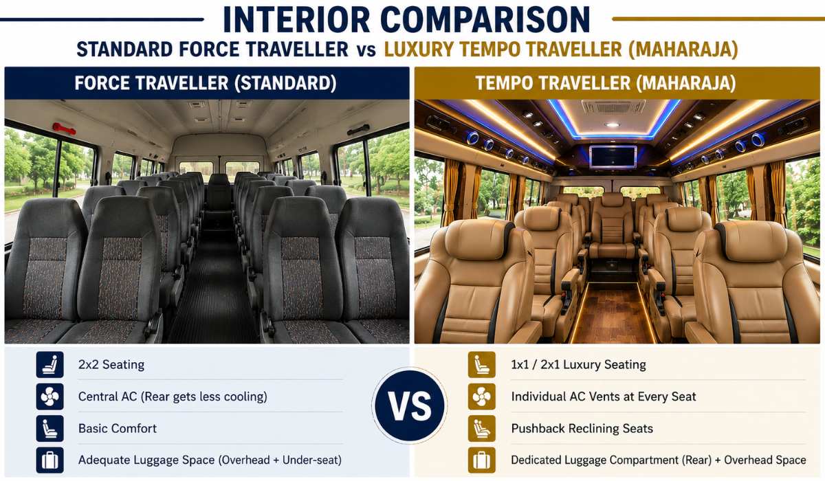 Luxury Tempo Traveller interior compared with standard Force Traveller seating for group travel in India