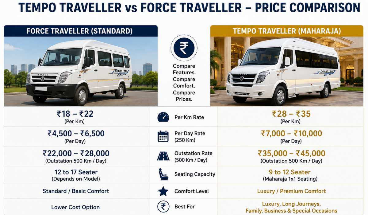 Tempo Traveller vs Force Traveller rental price comparison in India