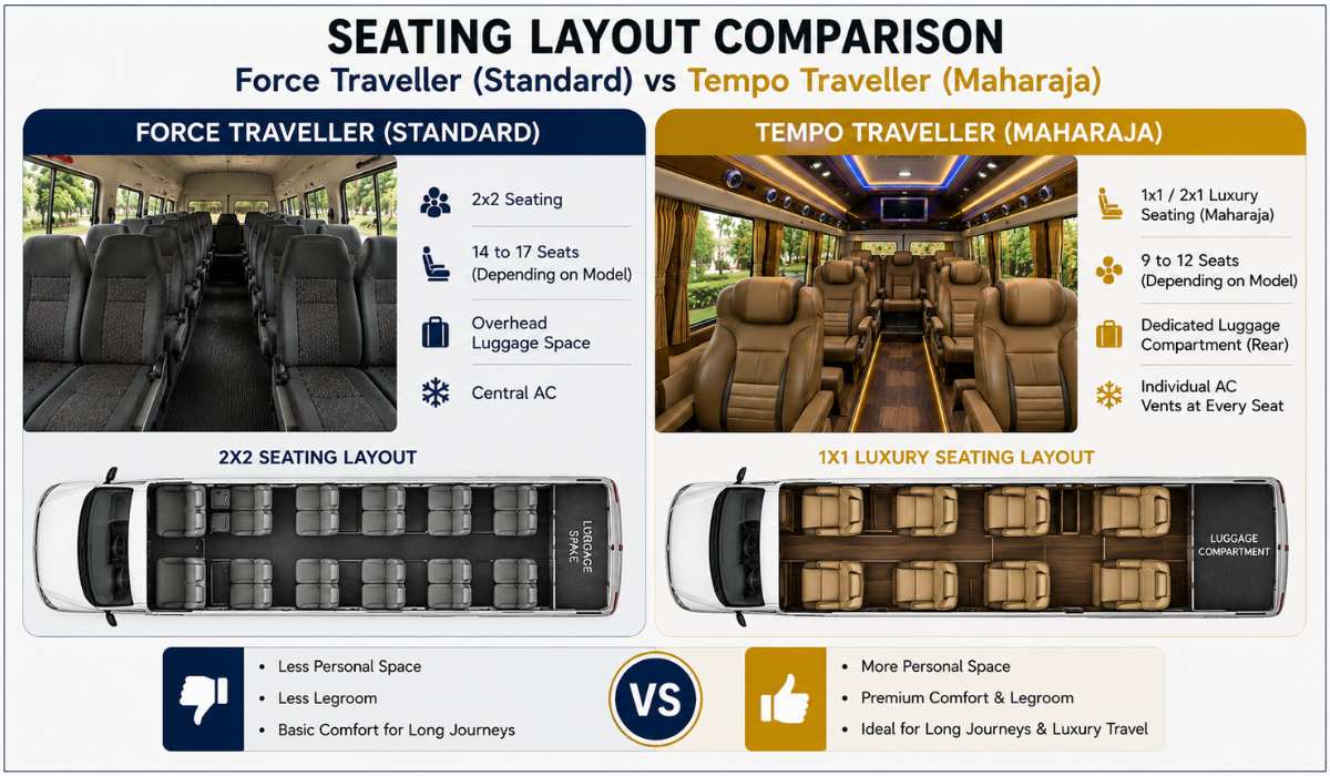 Force Traveller vs Tempo Traveller seating layout comparison for group travel in India