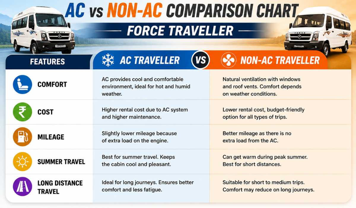 Force Traveller AC and Non-AC comparison chart