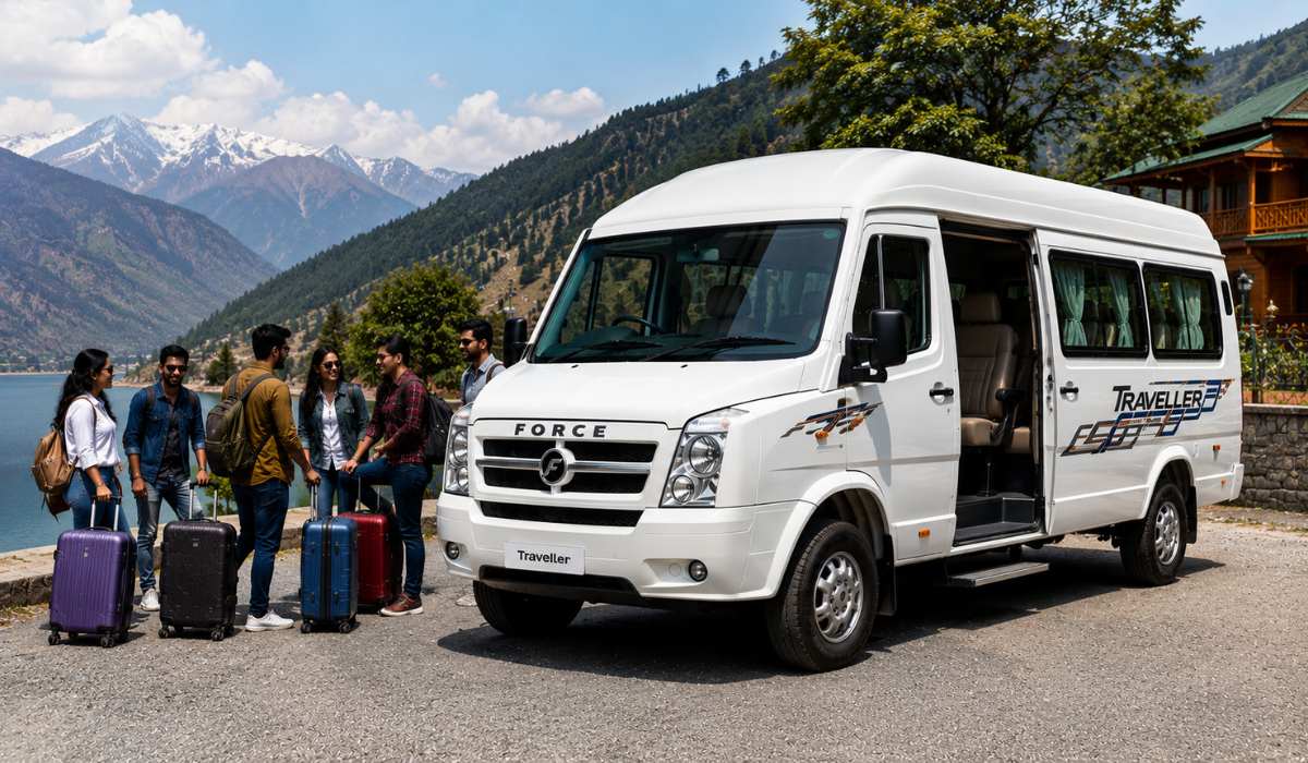 Force Traveller vehicle with tourists at a scenic travel destination in India