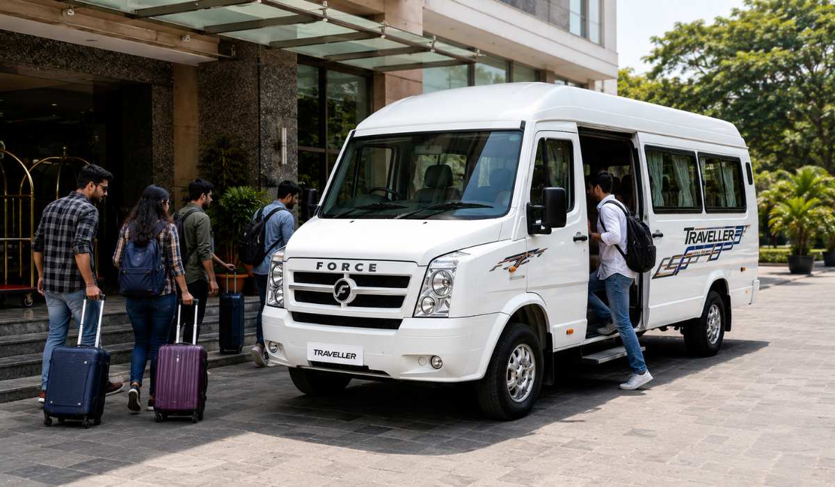 Passengers boarding a Force Traveller vehicle with luggage for group travel in India