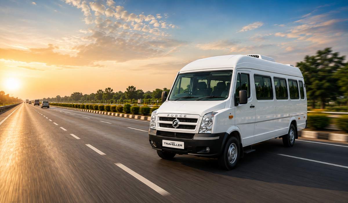 Force Traveller travelling on a smooth Indian expressway during a comfortable long road trip