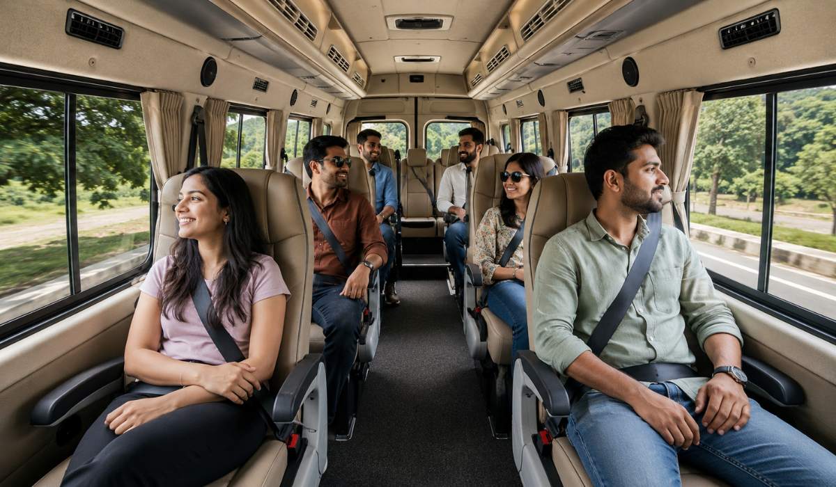 Force Traveller interior with comfortable passenger seating and spacious legroom for long road trips