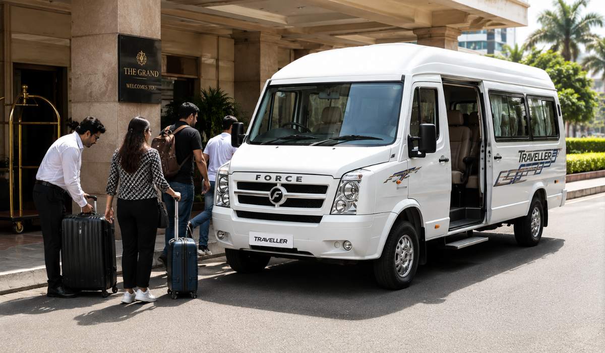 Force Traveller rental service vehicle with passengers and luggage outside hotel