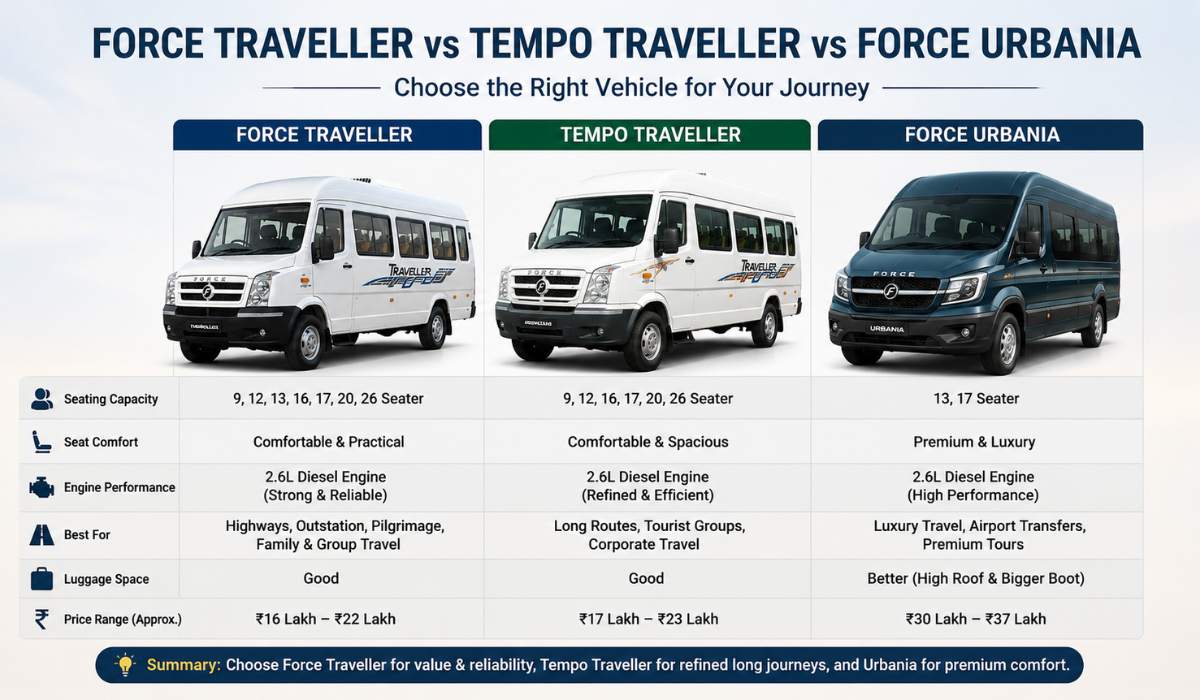 Comparison of Force Traveller, Tempo Traveller and Force Urbania for group travel comfort, luggage space and long road trips
