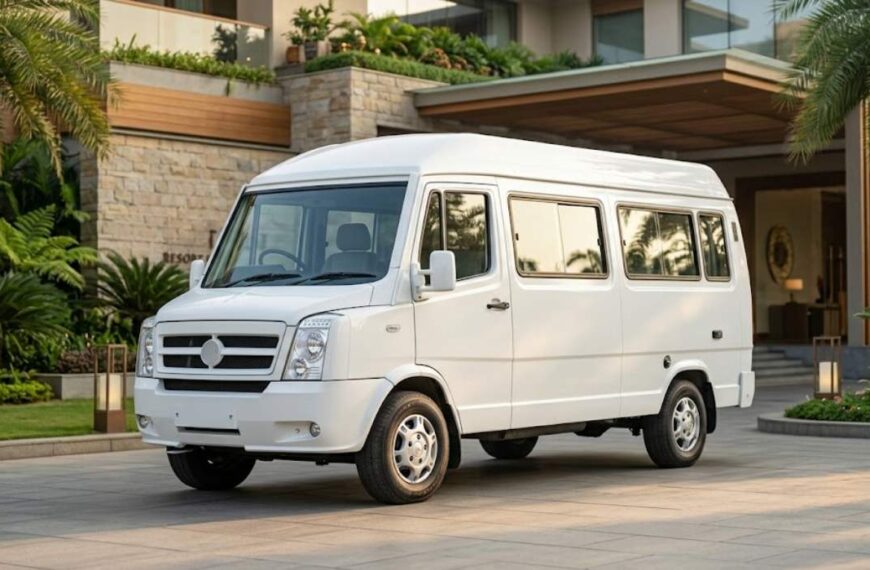White Tempo Traveller parked outside a luxury hotel for group travel in India
