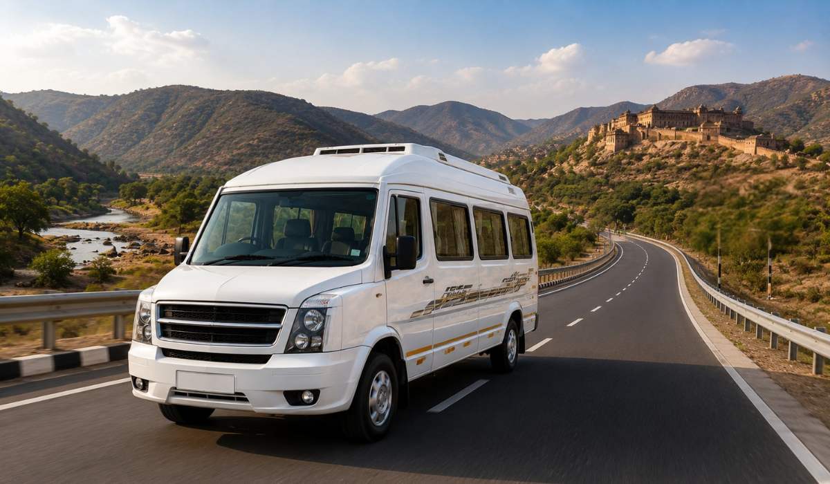 Luxury Tempo Traveller travelling on a scenic highway during a Golden Triangle road trip between Delhi, Agra and Jaipur in India.