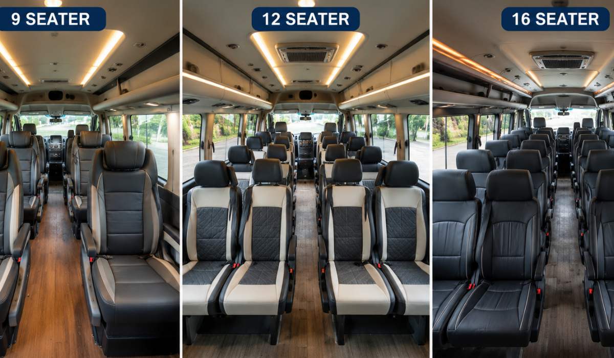 Interior seating comparison of 9 seater, 12 seater and 16 seater Tempo Traveller models