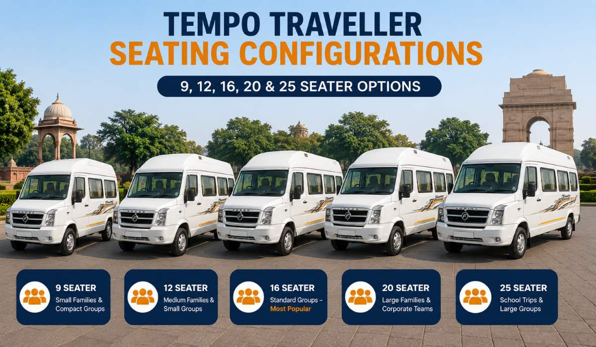 Different Tempo Traveller seating configurations including 9, 12, 16, 20 and 25 seater options for family, corporate and group travel in India.